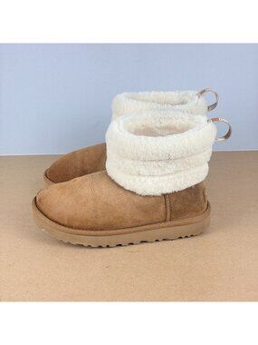 UGG Classic Mini Fluff Quilted Boot Womens 6 Tan Cream Pull On Casual